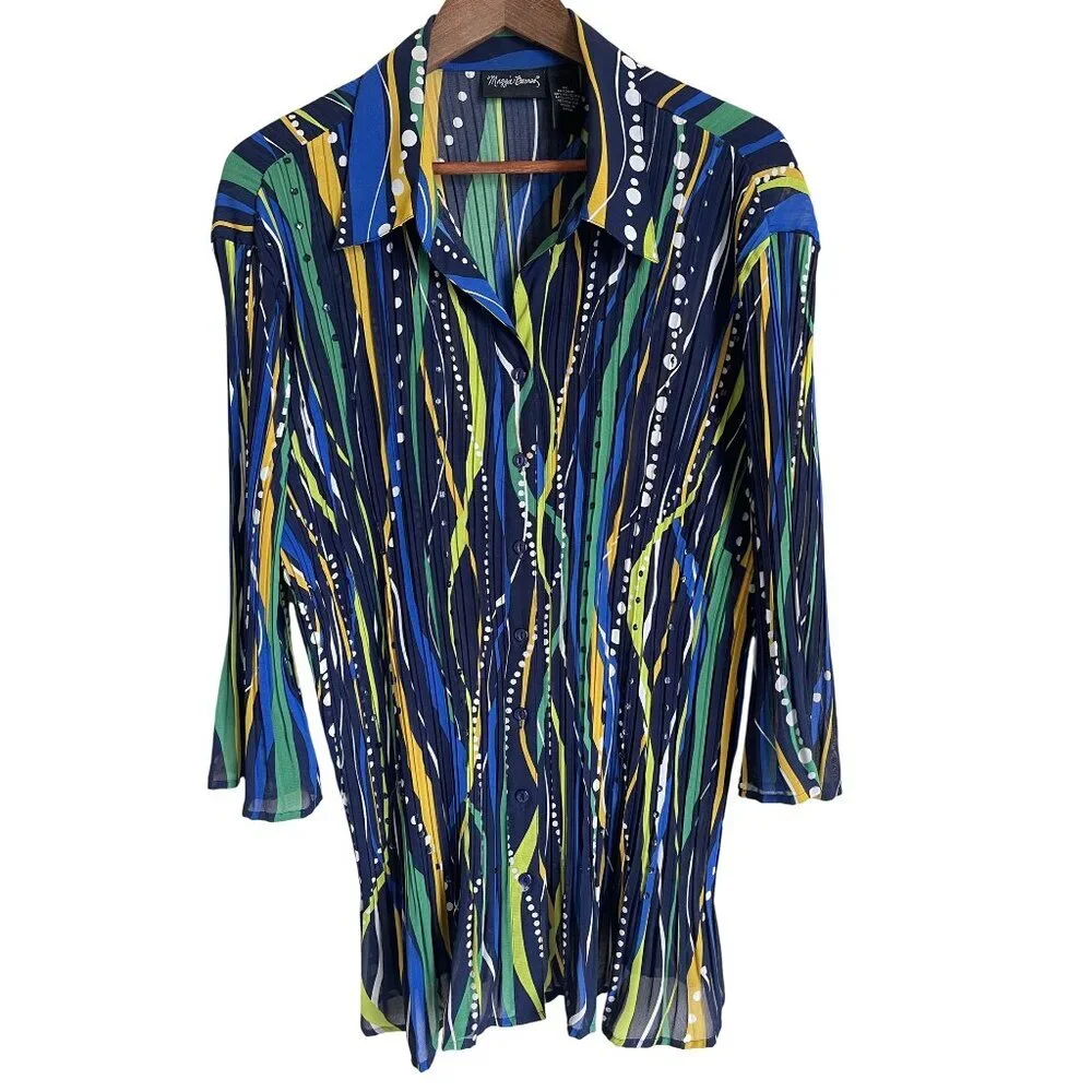 Maggie Barnes 1X Crinkle Collared Button Front Long Sleeve Shirt Cobalt Blue Yel